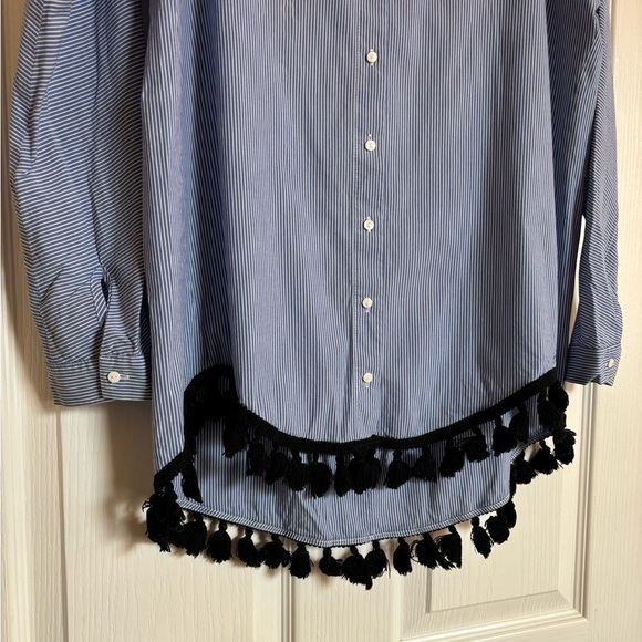 ZARA Blue and White Striped Button Down with Black Tassels on Hem - Picture 9 of 11